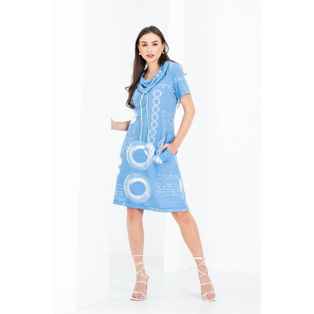 Women's Cowl Neck Dress Size S Blue Short Sleeve Abstract Print Artex Fashions